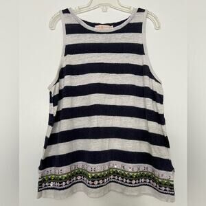 Tory Burch Navy/White Striped Sequin Bottom Cotton/Linen Tank